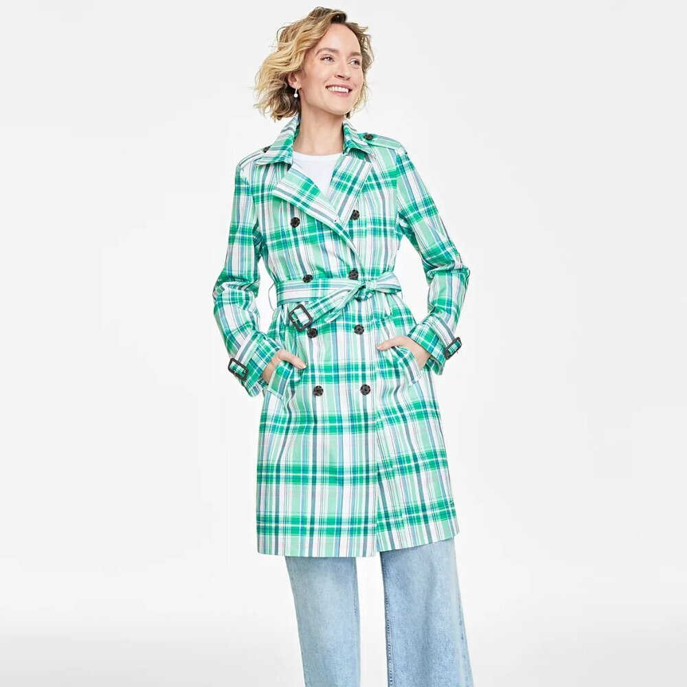 BRAND NEW! On 34th Women's Plaid Double-Breasted Trench Coat